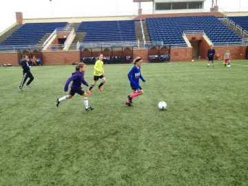 Youth soccer players on stadium field